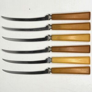 Henry's Stainless Steak Knives Set of 6 Serrated Butterscotch Bakelite Handles